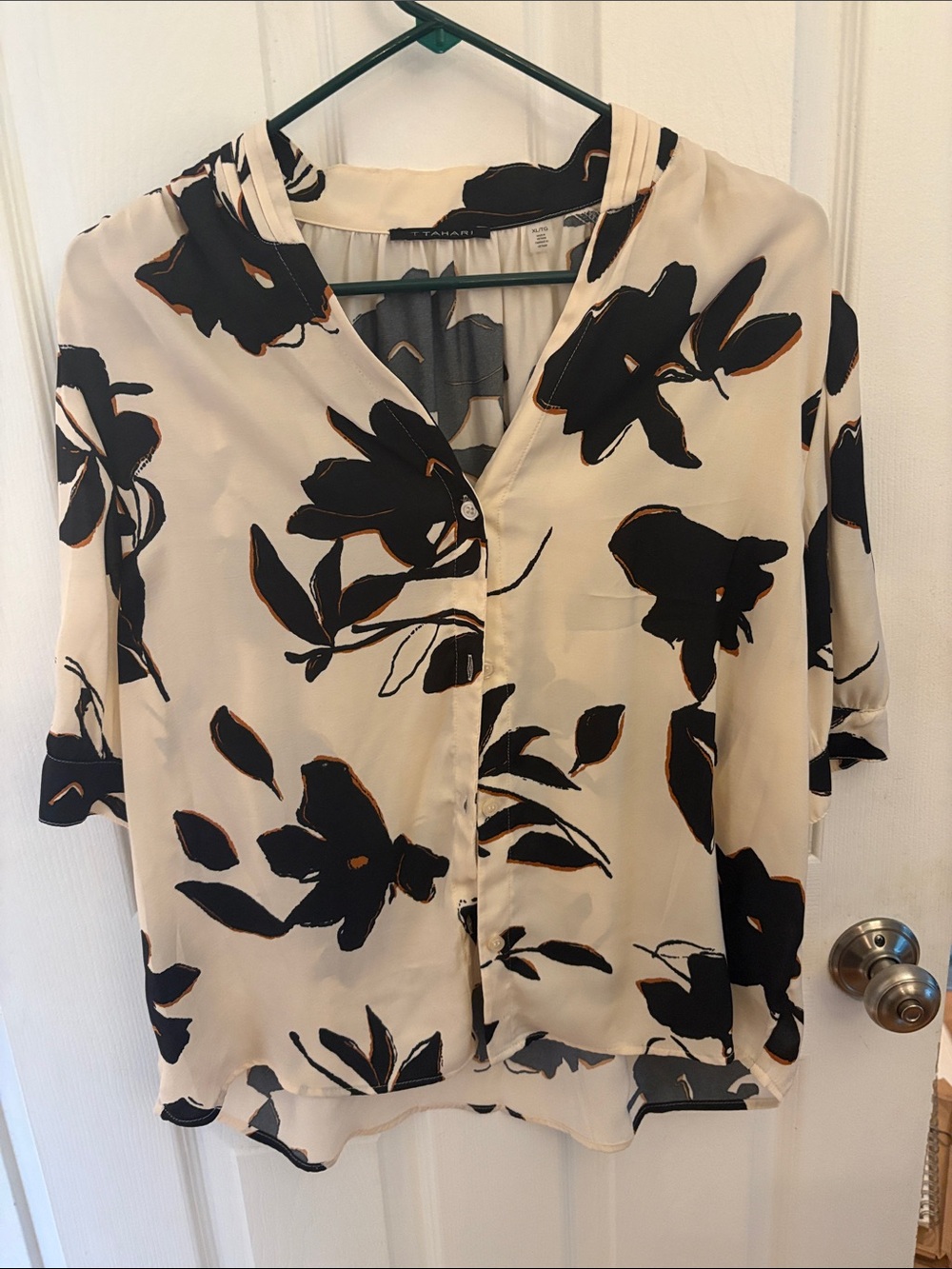 T Tahari Cream Blouse with Black Floral Print